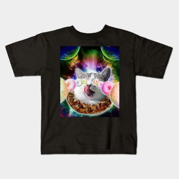 Funny Space Pizza Cat With Rainbow Laser Donut Eyes Kids T-Shirt by Random Galaxy